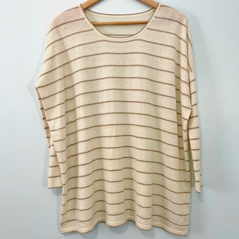 J. Jill Cream Gold Striped Soft Knit Wool Scoop Neck Oversized Sweater Medium